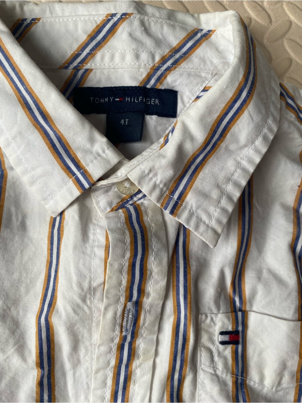 Tommy Hilfiger White Button-Down Shirt with Blue & Gold Stripes